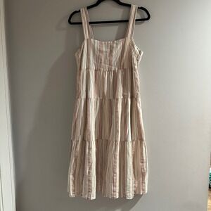 Madewell Button-Back Tiered Dress in Textural Rainbow Stripe Cotton Lightweight